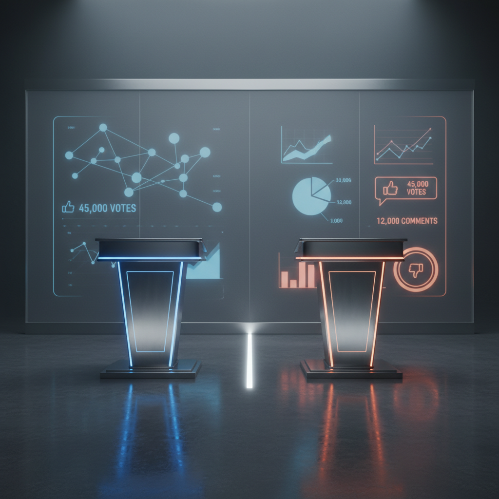 Two polished metal lecterns, identical in design but illuminated by different subtle accent colors, stand side by side on a reflective, charcoal-gray floor. Between them lies a narrow strip of light forming a clear boundary line, suggesting the division yet connection between viewpoints. Behind, a large, frosted glass wall displays softly glowing abstract graphs and icons indicating votes and comments. Cool, diffused studio lighting gently washes the scene, with a few focused spotlights adding slender highlights to the lecterns’ brushed surfaces. The composition follows the rule of thirds from a slightly elevated angle, capturing both lecterns equally to emphasize impartiality. The mood is calm, analytical, and professional, supporting a photographic realism style that embodies structured, respectful debate and data-driven outcomes.