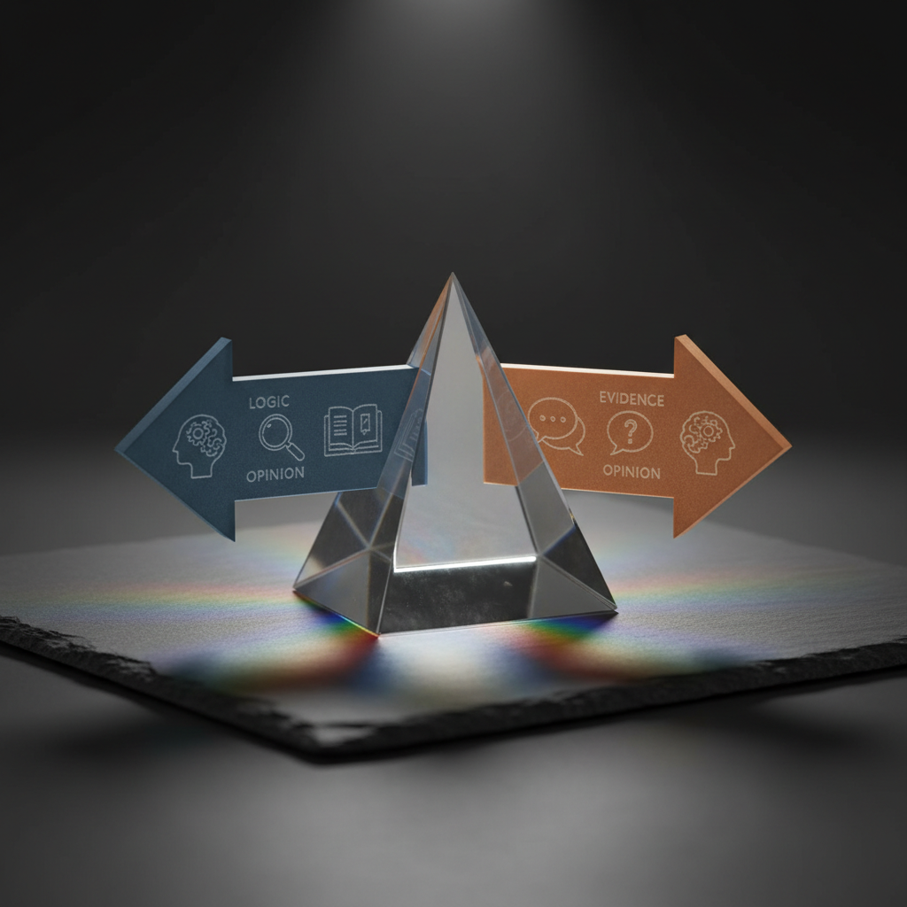 Two opposing arrows, crafted from matte, colored acrylic, converge toward a central crystal-clear prism resting on a smooth slate surface. Each arrow features engraved, micro-etched symbols for logic, evidence, and opinion, catching the light differently. The prism refracts both colors into a subtle spectrum spreading across the slate, suggesting synthesis of opposing arguments. The setting is a minimalist studio with a dark, blurred background, allowing the objects to dominate the frame. A single, focused overhead light source combined with a softer fill light from the side creates crisp edges, defined shadows, and delicate highlights on the prism’s facets. Shot close-up at eye level with a shallow depth of field, the mood is analytical yet optimistic. The photographic realism and clean composition evoke rigorous but constructive debate and convergence of ideas.