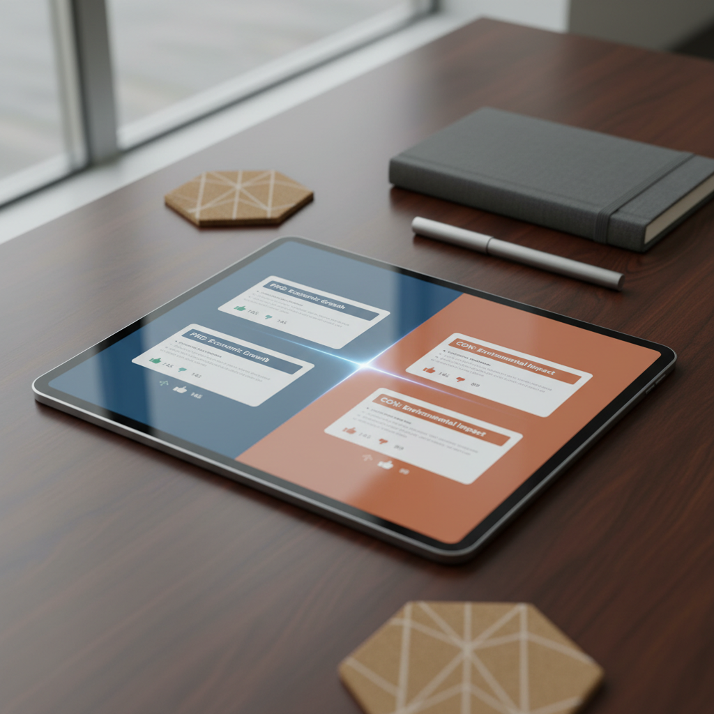 A high-end tablet lies flat on a dark wooden table, its screen split precisely down the middle with two contrasting but harmonious color blocks, each filled with neatly arranged argument cards and subtle vote icons. A thin, luminous line runs down the center, symbolizing the divide between perspectives. Surrounding the tablet are minimalist, neutral objects such as a closed notebook, a slim pen, and a pair of geometric coasters, all slightly out of focus. Soft, overcast window light from the side creates gentle reflections on the tablet’s glass and a calm, even illumination. Captured from a slightly overhead, three-quarter angle with shallow depth of field, the image centers on the dual-column layout. The atmosphere is thoughtful and organized, rendered in realistic, modern photographic style to highlight clarity and structure in discussion.
